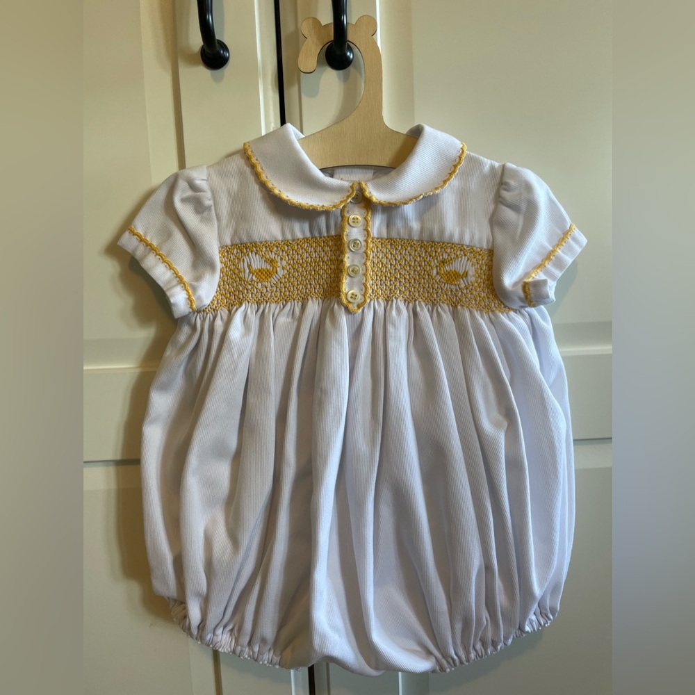 Friki handmade embroidered white and yellow baby romper with duck
